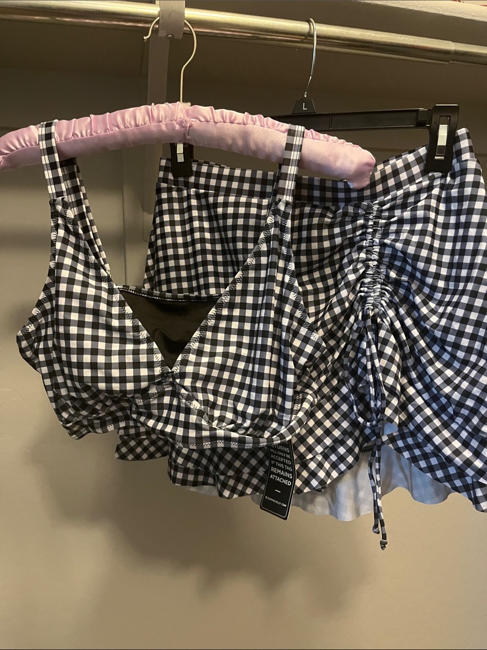 Gingham Drawstring Ruffle Swim Mini - Black & White - Picture 6 of 6